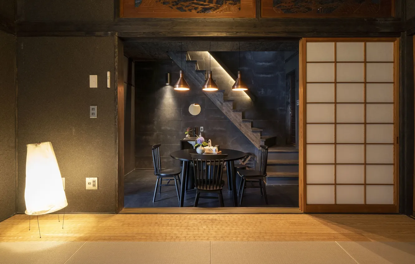Photo wallpaper design, interior, ladder, lighting, dining room, Asian style