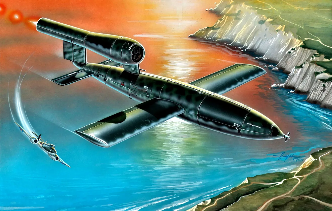 Photo wallpaper jet, Flies, The third Reich, Gloster, Fi-103, to intercept, Buzz bomb, Cruise missile