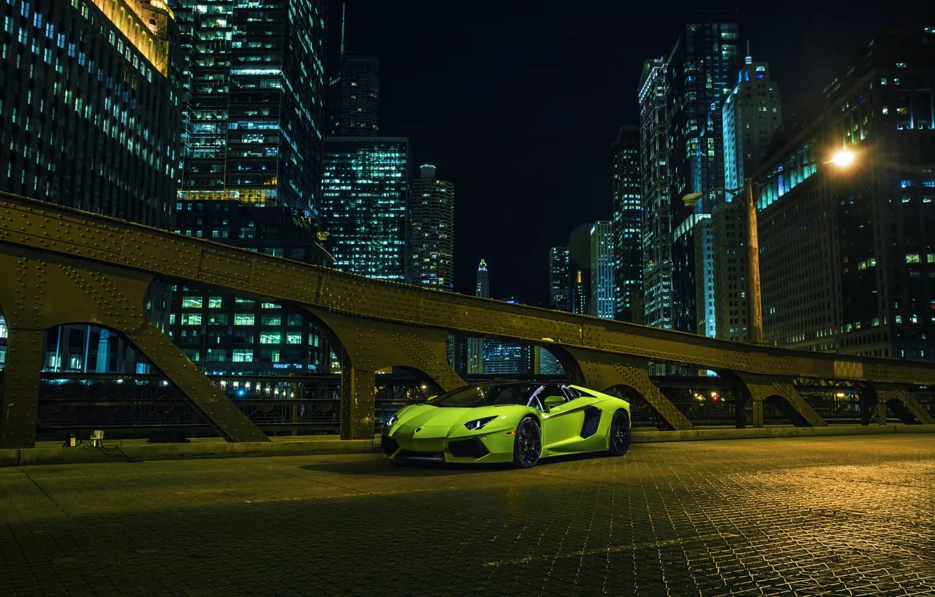 Photo wallpaper Roadster, Lamborghini, City, Chicago, Green, Front, Downtown, LP700-4