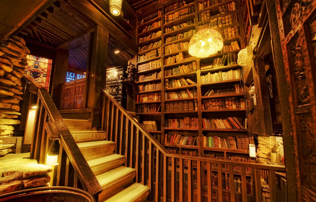 Photo wallpaper light, books, stairs, Library, shelving