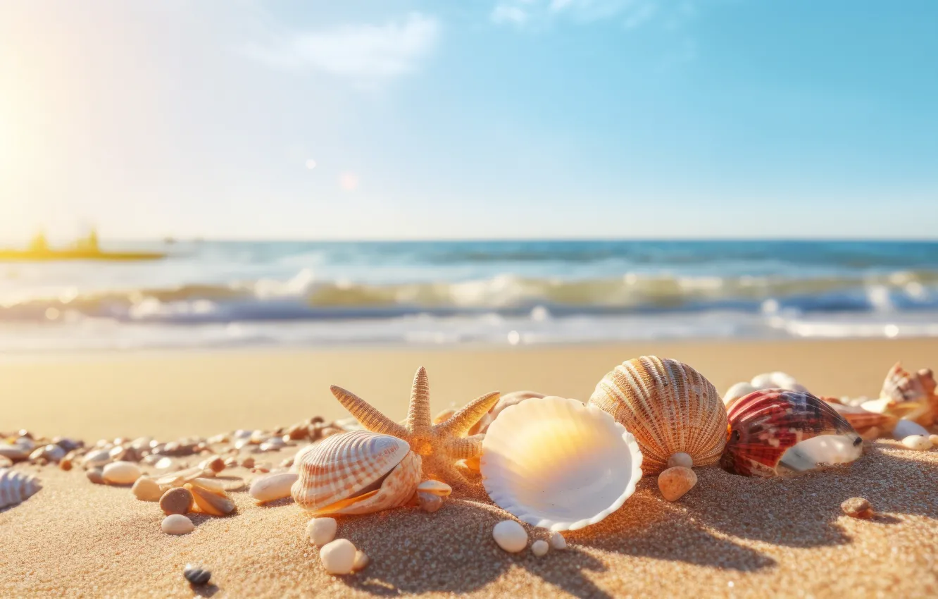 Photo wallpaper sea, beach, the ocean, shore, shell, starfish, seashells, seashell