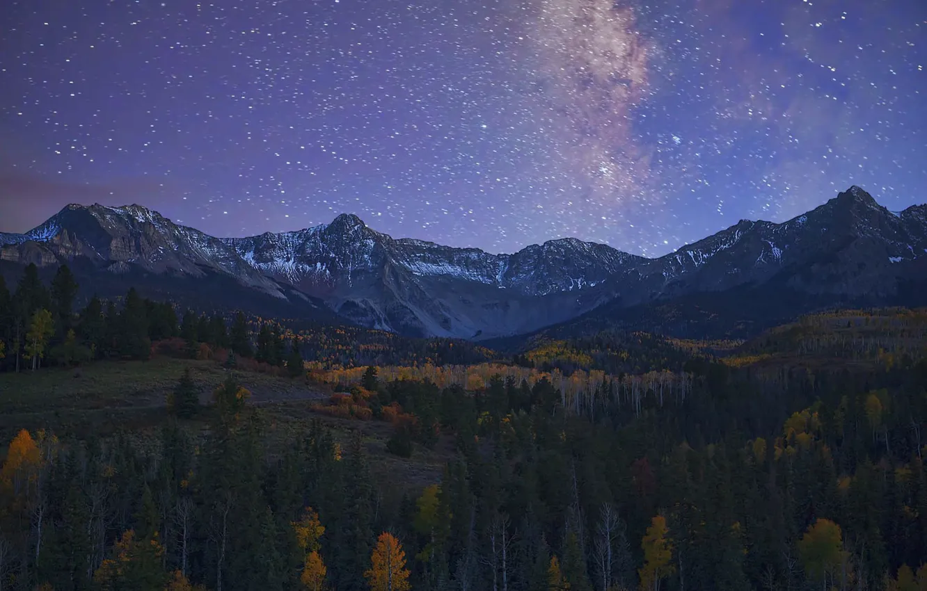 Photo wallpaper mountains, Milky Way, Valley