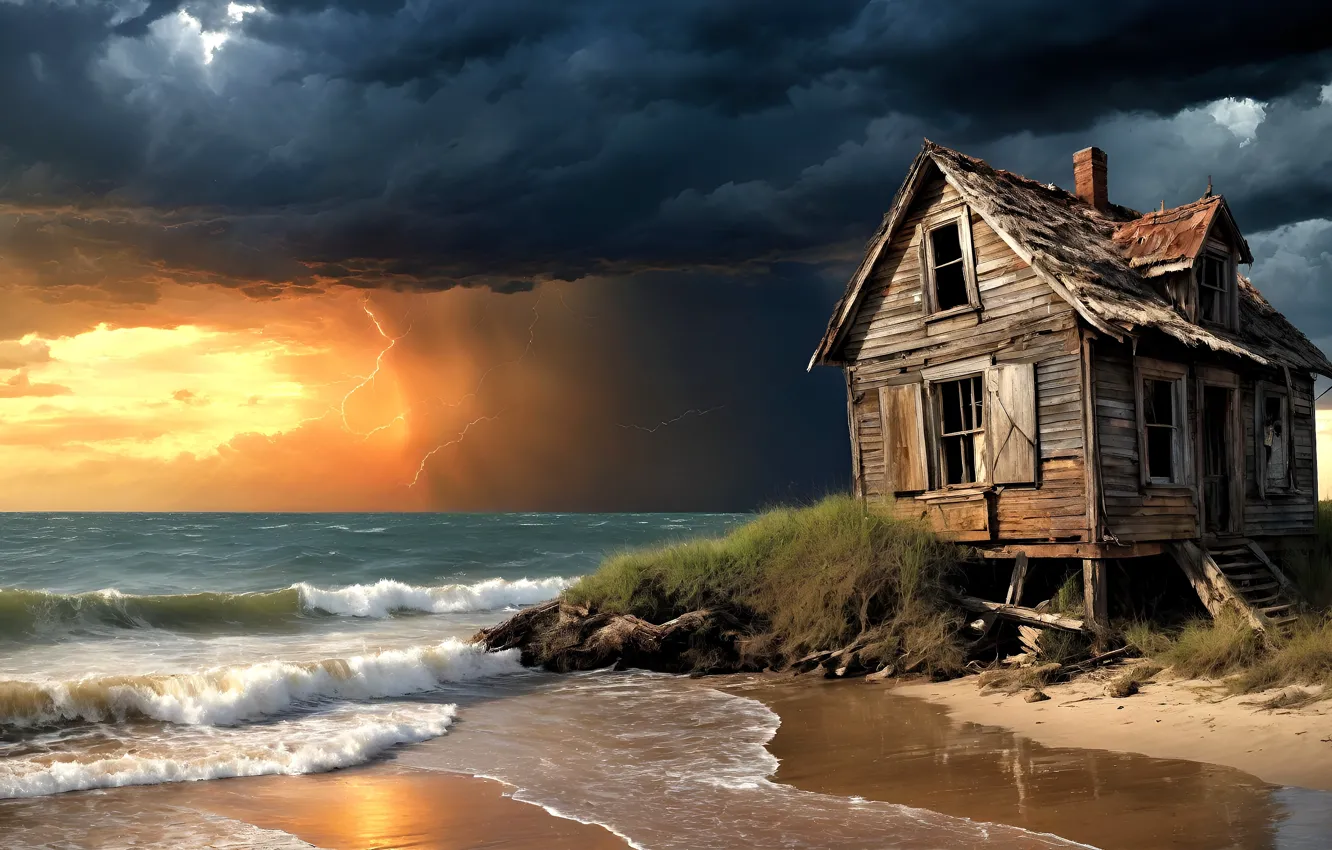 Photo wallpaper storm, sea, painting, shore, hut