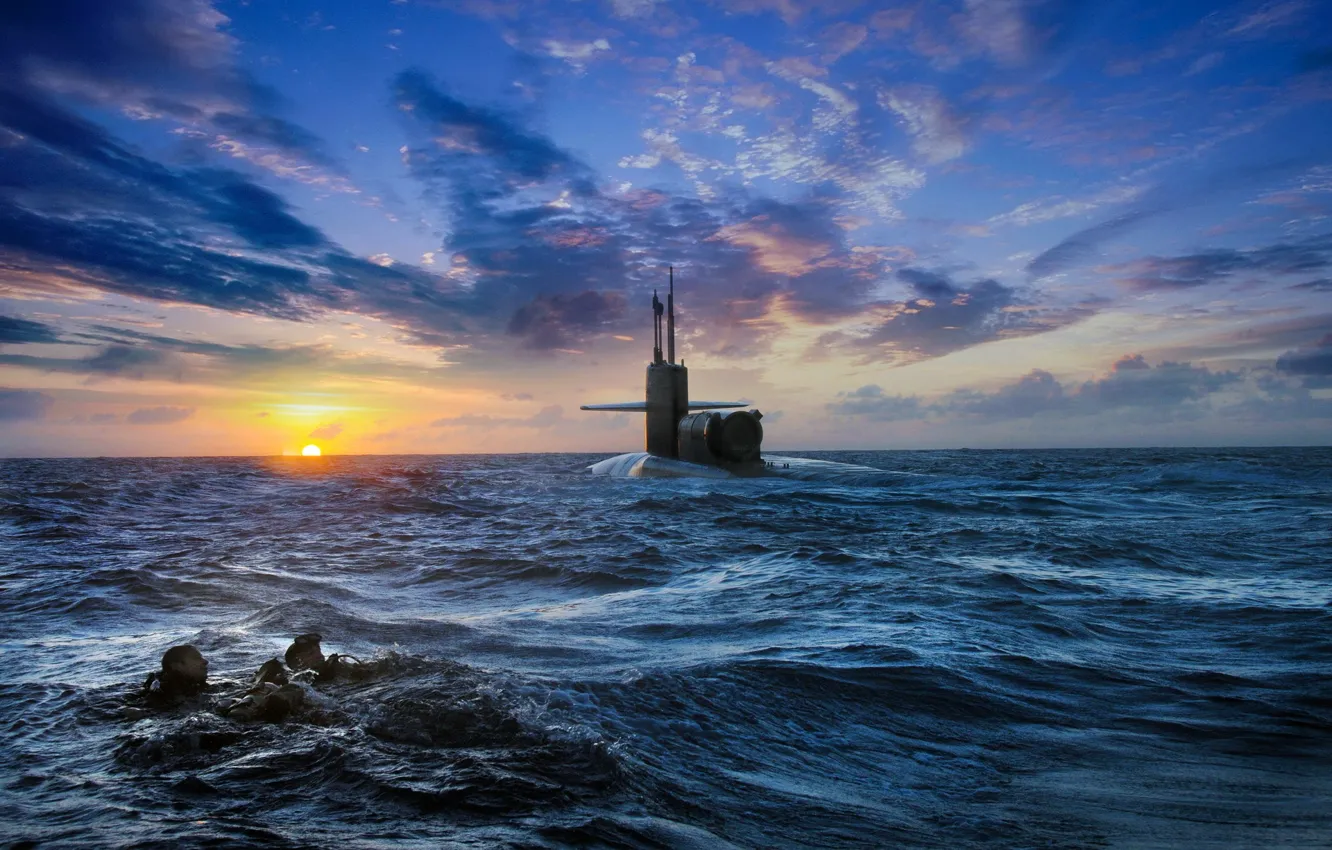Photo wallpaper sea, the sky, sunset, the diver, submarine
