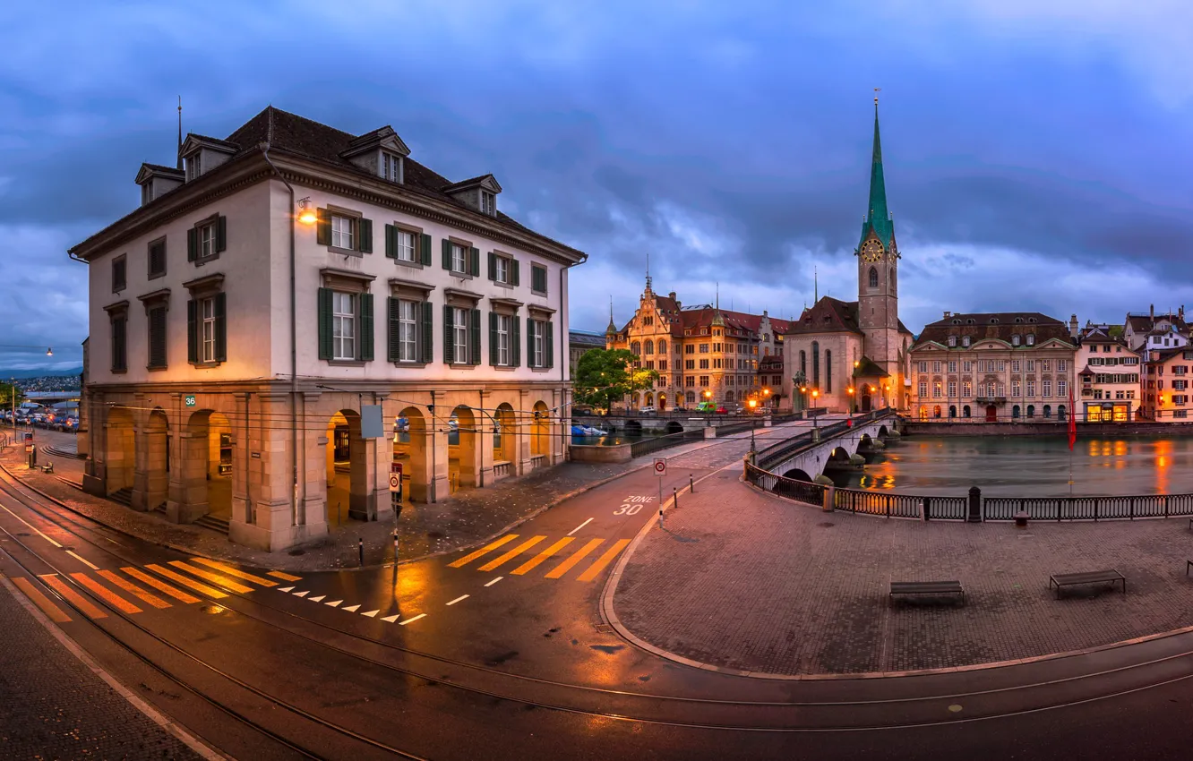 Photo wallpaper road, the city, river, building, home, the evening, Switzerland, lighting