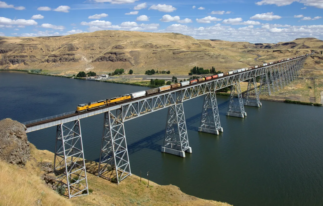 Photo wallpaper river, bridge, train, Load