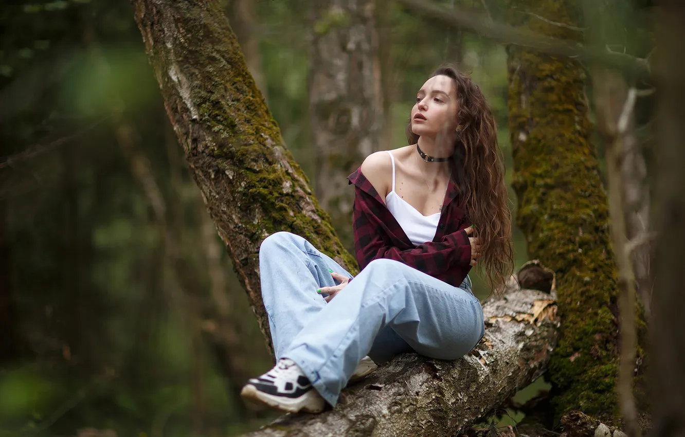 Photo wallpaper girl, forest, blouse, trees, nature, model, jeans, brunette