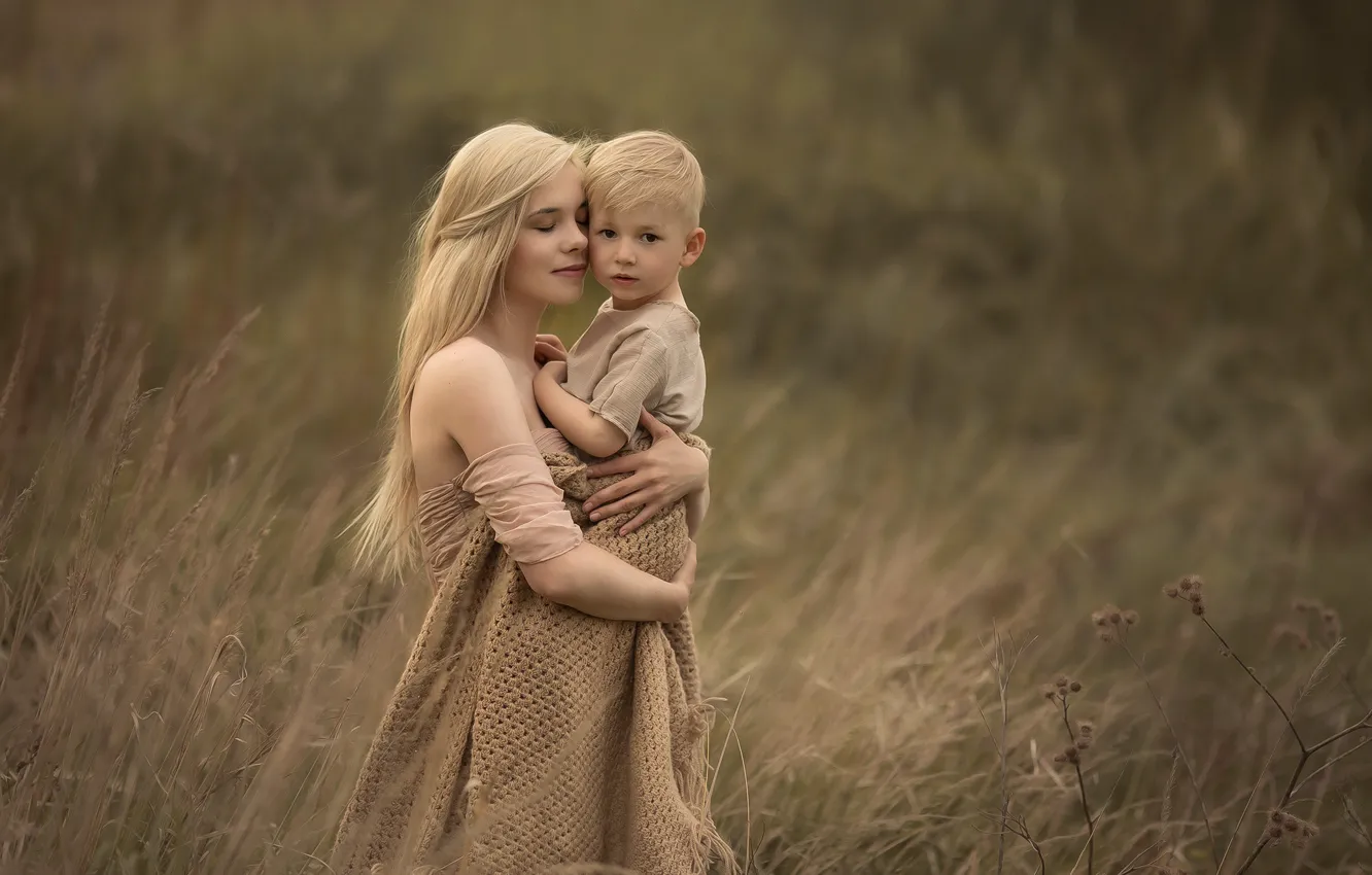 Photo wallpaper field, love, nature, children, woman, tenderness, boy, hugs