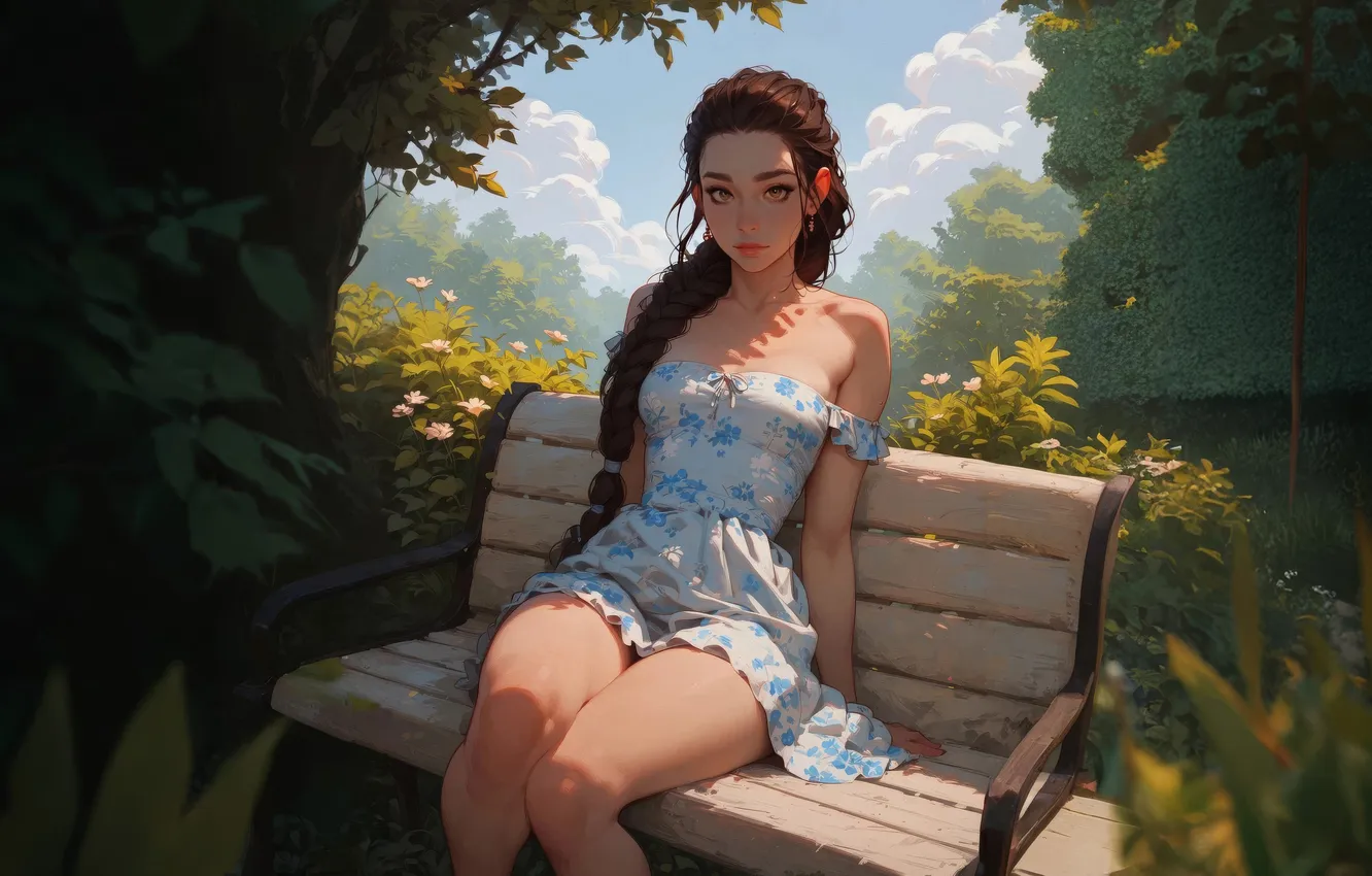 Photo wallpaper girl, park, bench, AI Art