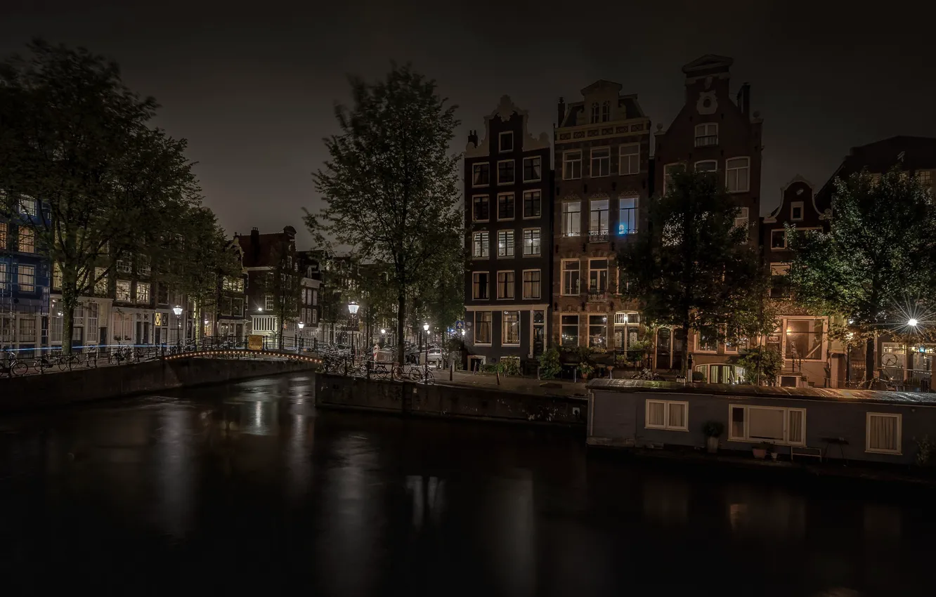 Photo wallpaper night, lights, home, Amsterdam, channel, Netherlands