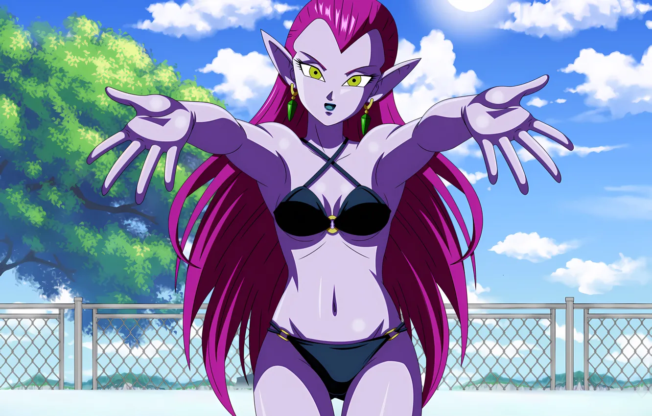 Photo wallpaper girl, sexy, cleavage, pink hair, sky, long hair, boobs, anime