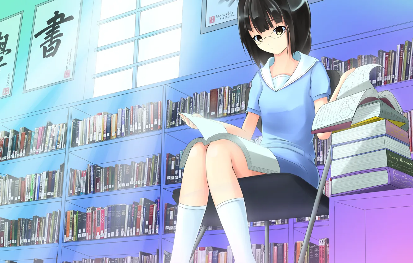 Photo wallpaper look, girl, books, glasses, library, art, reading, brian05710