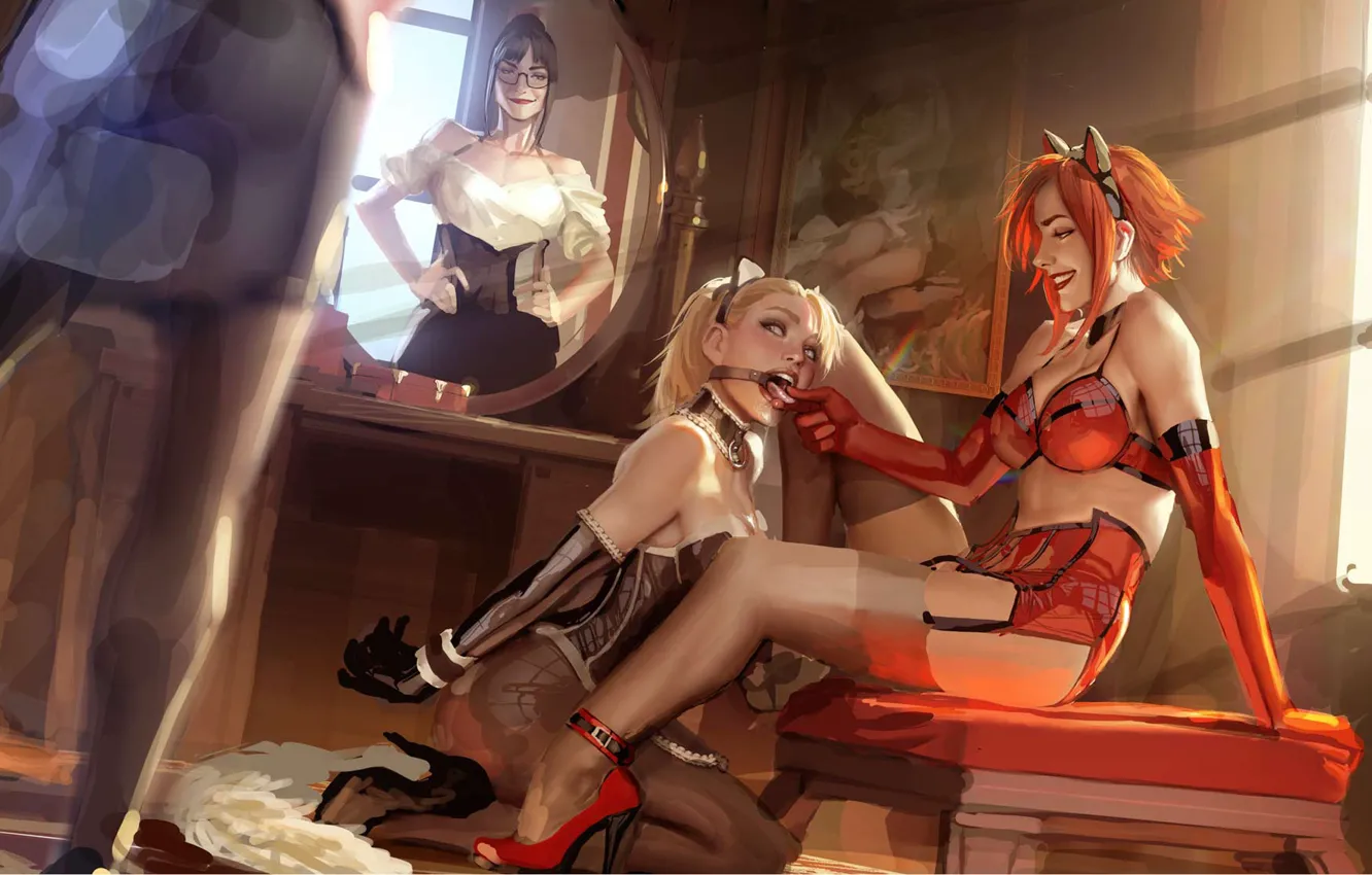 Photo wallpaper girl, brunette, art, red, ears, The blonde