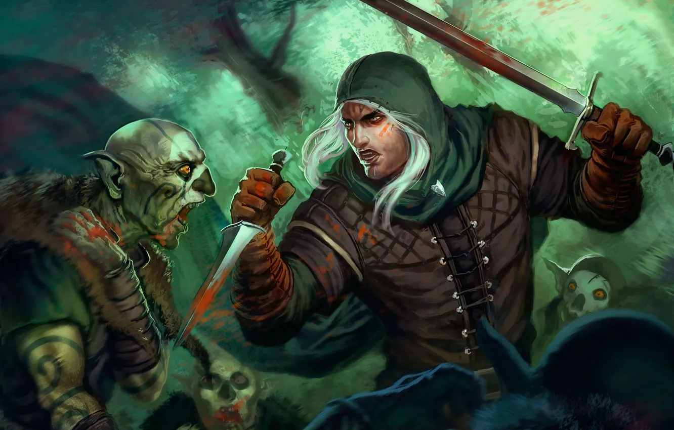 Photo wallpaper weapons, blood, monster, sword, art, dagger, male, battle