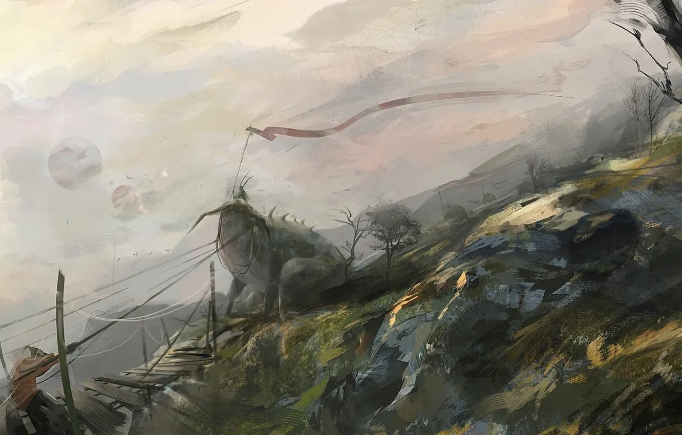 Photo wallpaper trees, bridge, the wind, people, monster, art, banner