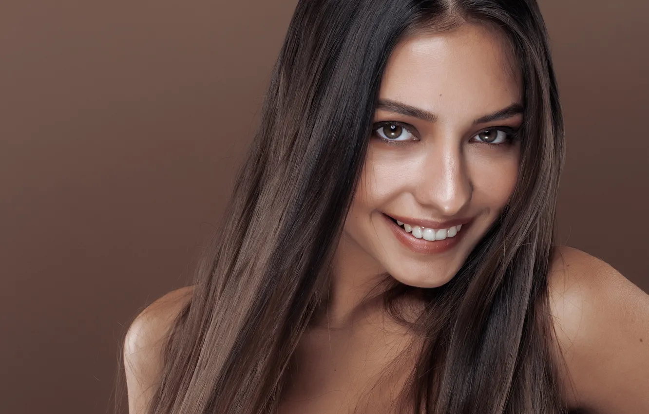 Photo wallpaper look, girl, smile, mood, hair, brown eyes