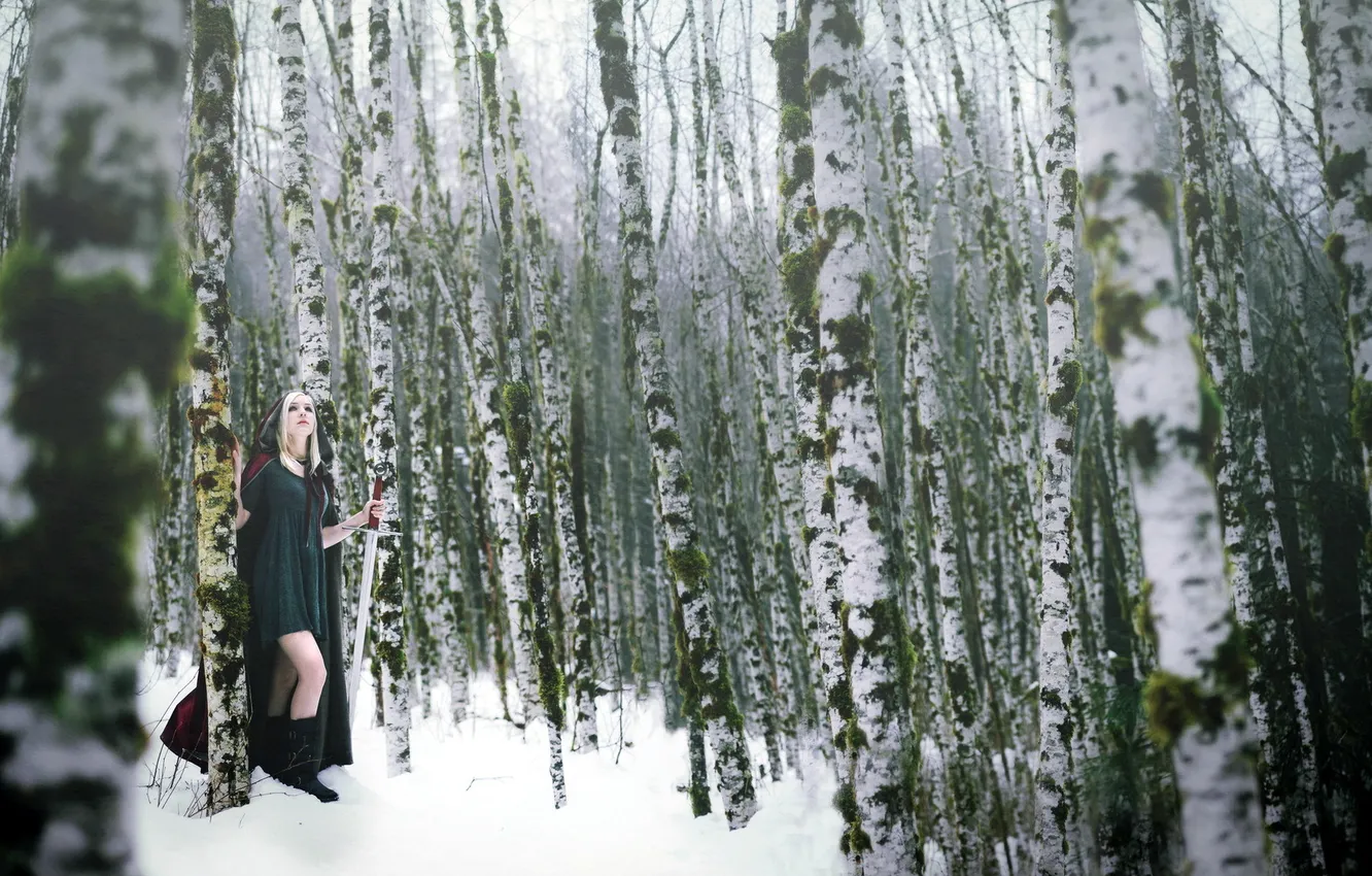 Photo wallpaper winter, girl, sword, birch