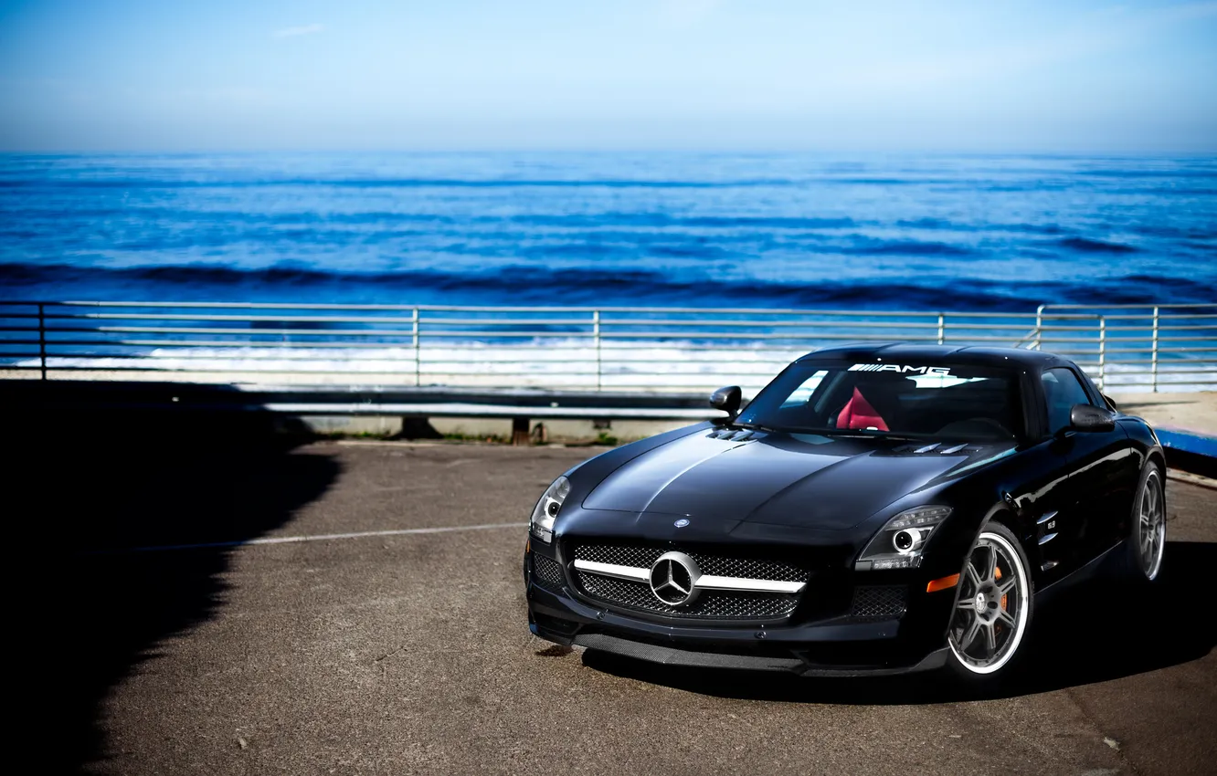 Photo wallpaper road, sea, the sky, black, SLS AMG, black, Mercedes Benz, sea