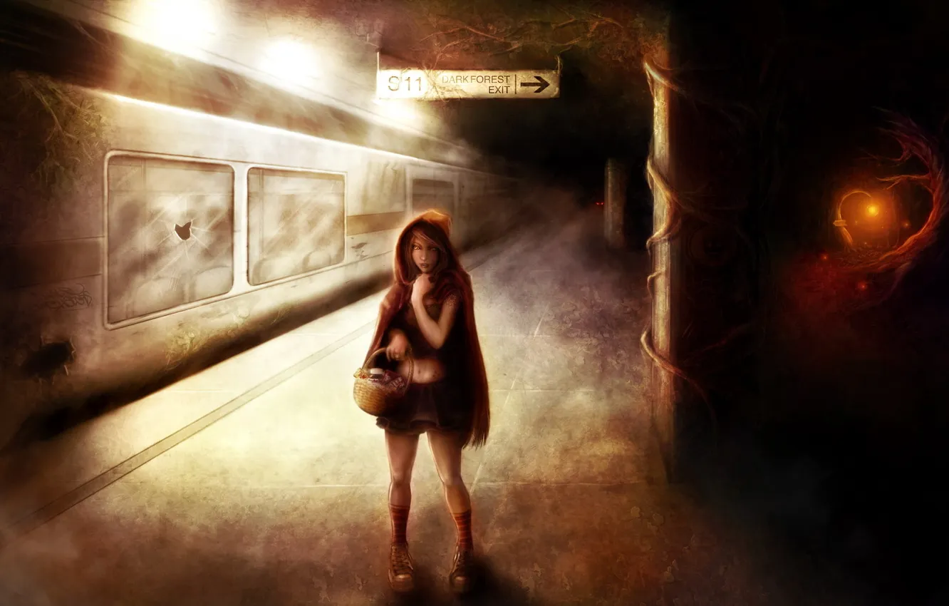 Photo wallpaper eyes, girl, metro, cars, lights, basket