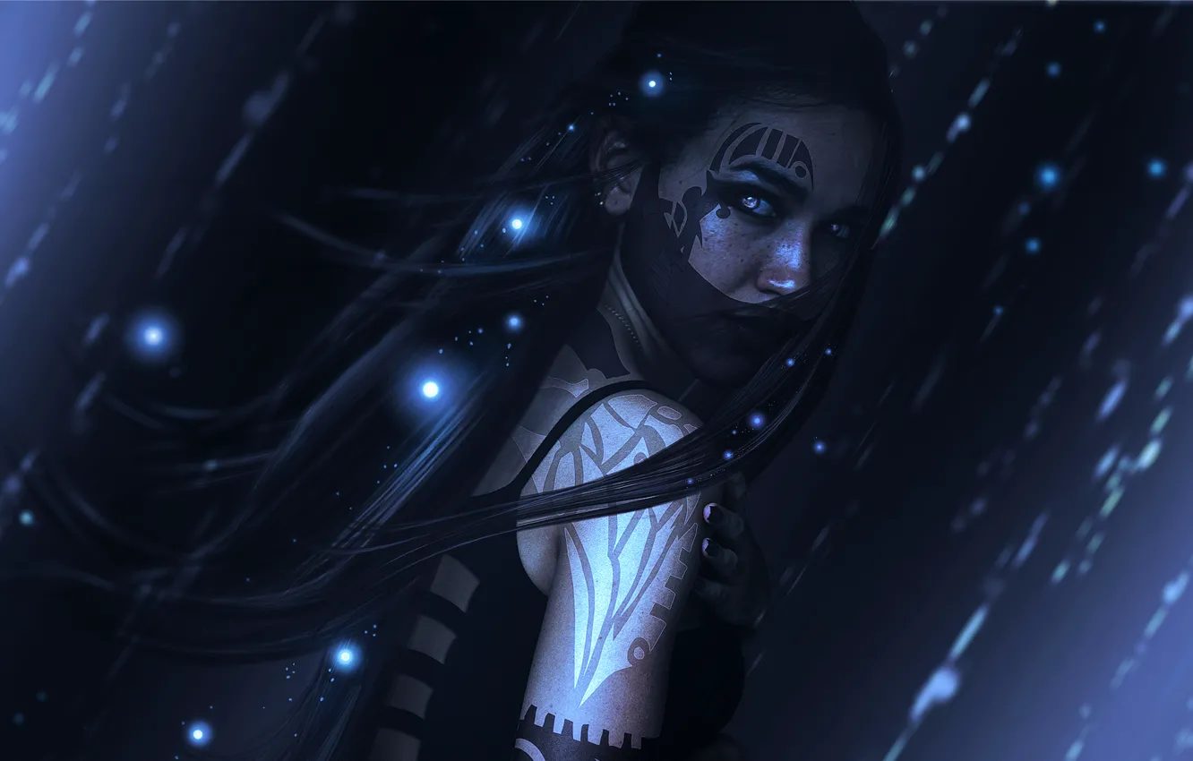 Photo wallpaper look, girl, face, fiction, tattoo, art