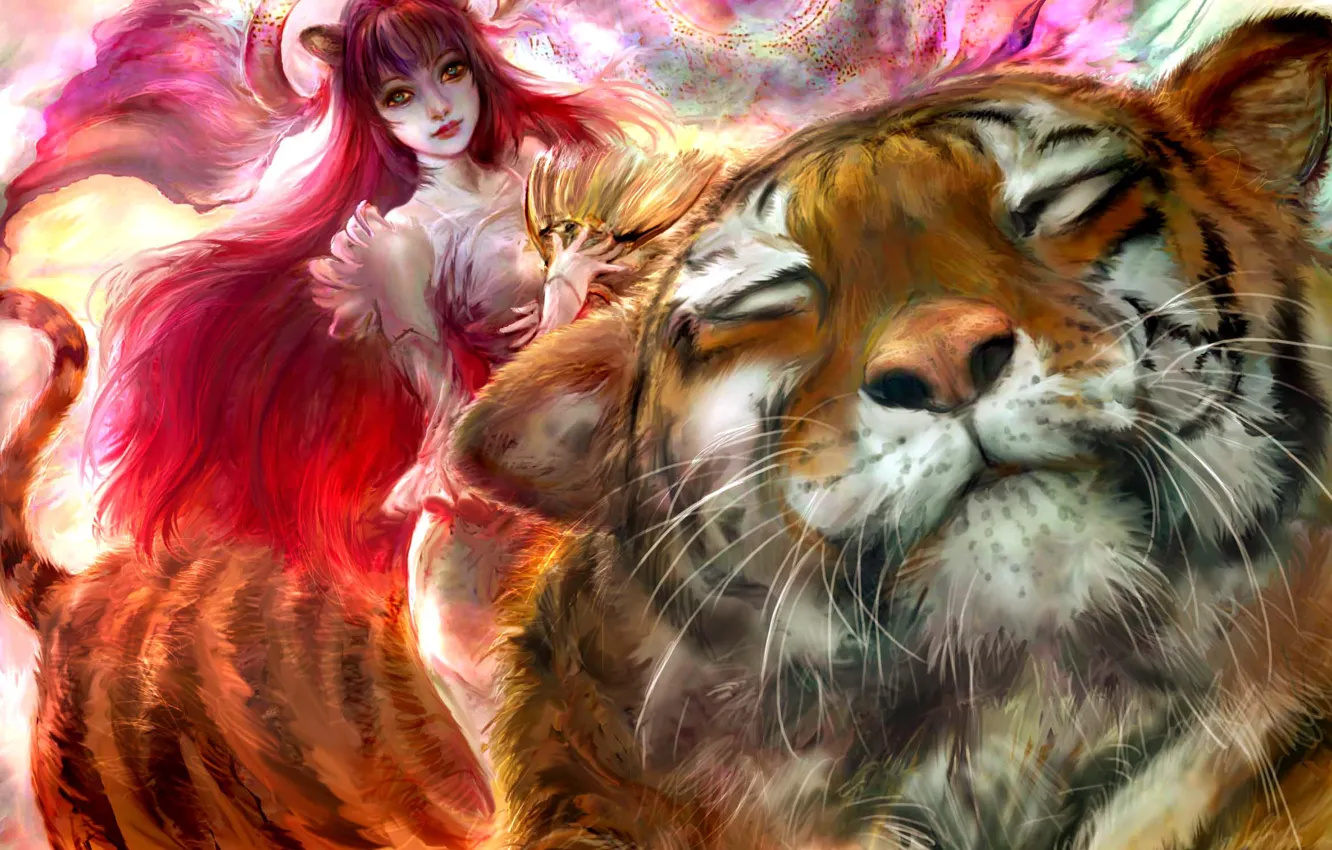 Photo wallpaper girl, tiger, ears, Chinese new year
