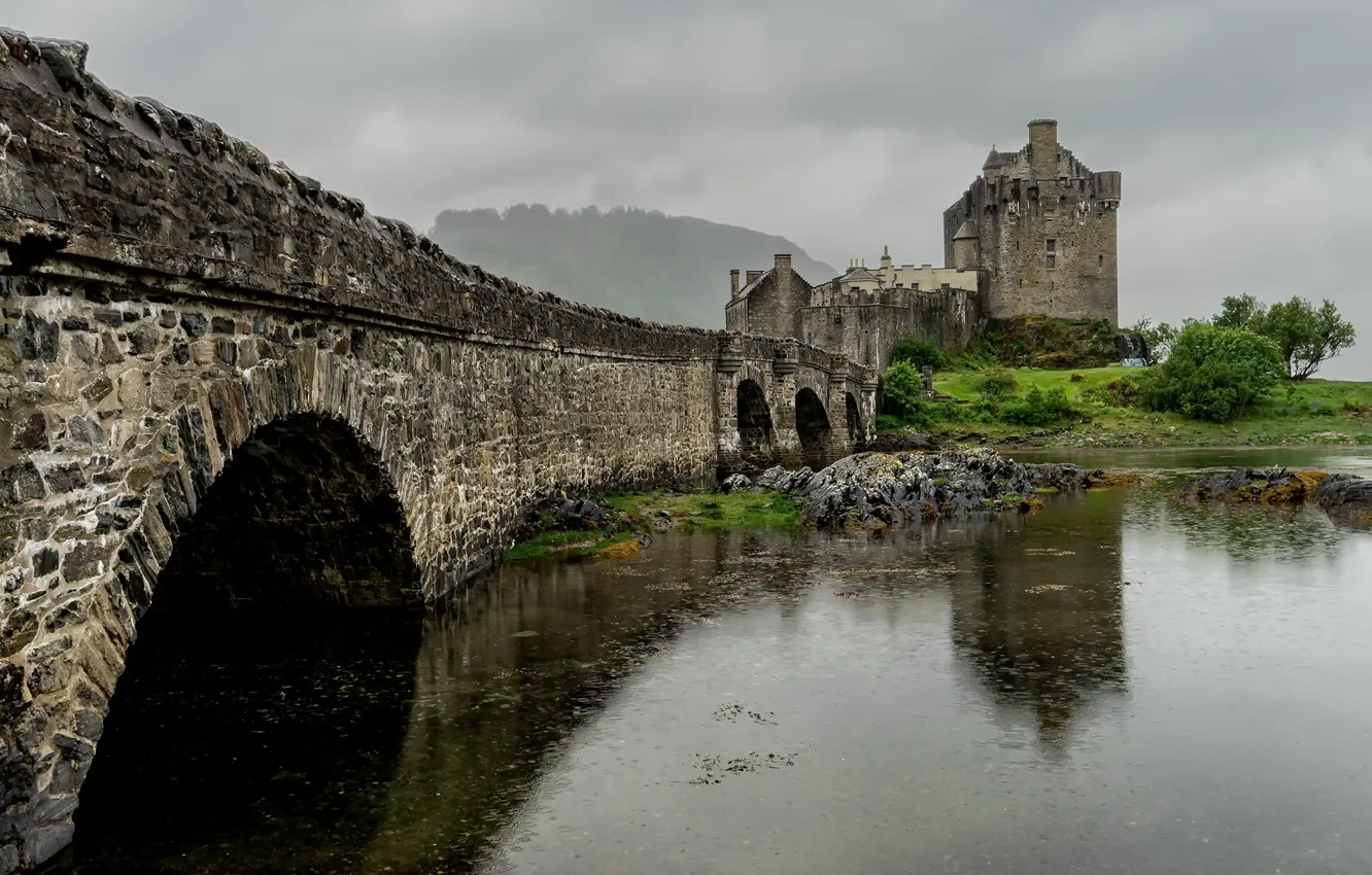 Photo wallpaper landscape, bridge, nature, rain, Eilean Donan Castle