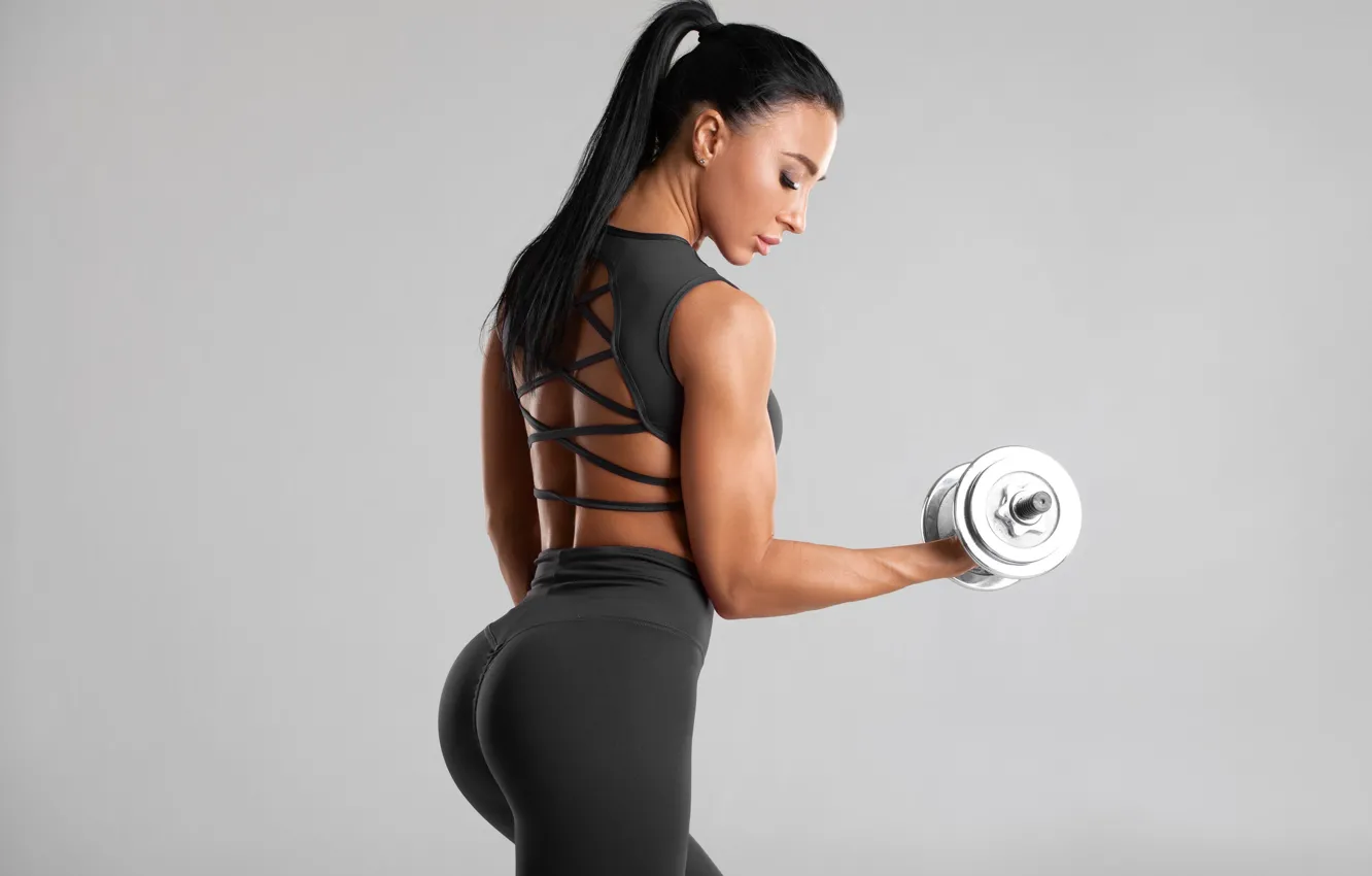 Photo wallpaper back, figure, fitness, figure, hair, pose, dumbbells, workout