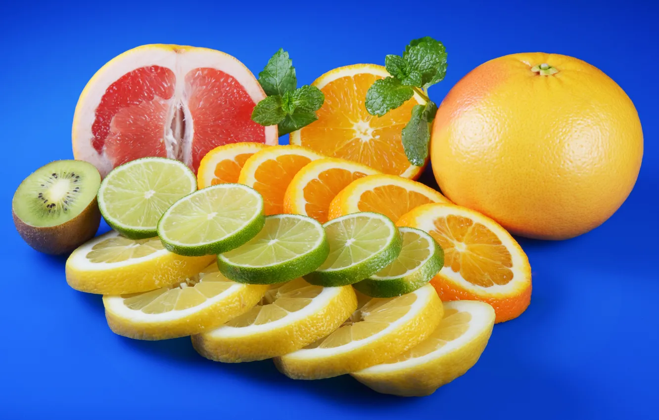 Photo wallpaper blue, background, lemon, orange, kiwi, lime, fruit, slices