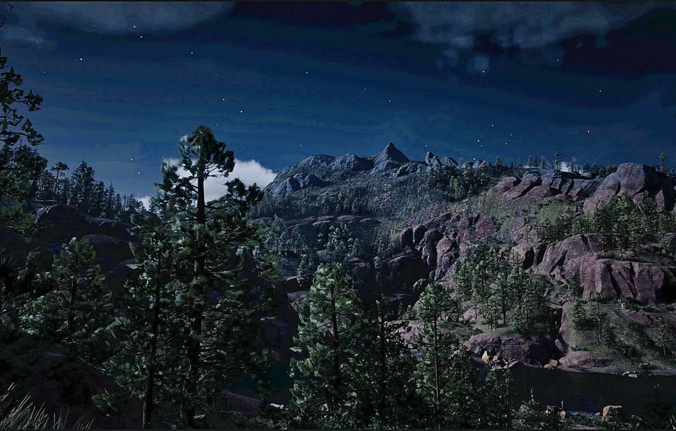 Photo wallpaper HDR, game, river, sky, trees, wood, water, night