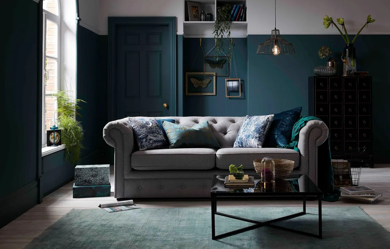 Photo wallpaper design, style, interior, living room, Ireland, glamour style, feel for teal