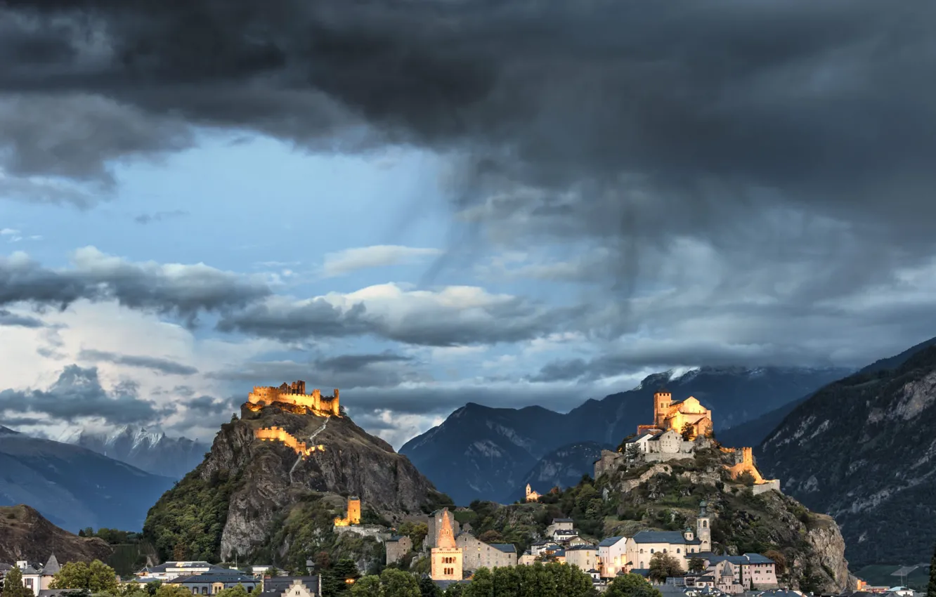 Photo wallpaper the sky, mountains, clouds, the city, castle, rain, rocks, the slopes