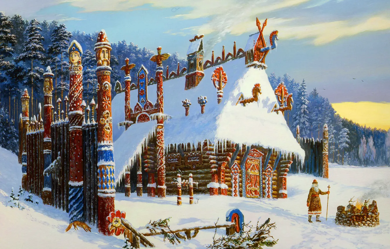 Photo wallpaper winter, fire, smoke, temple, painting, Vsevolod Ivanov, Russian folklore, Slavic painting