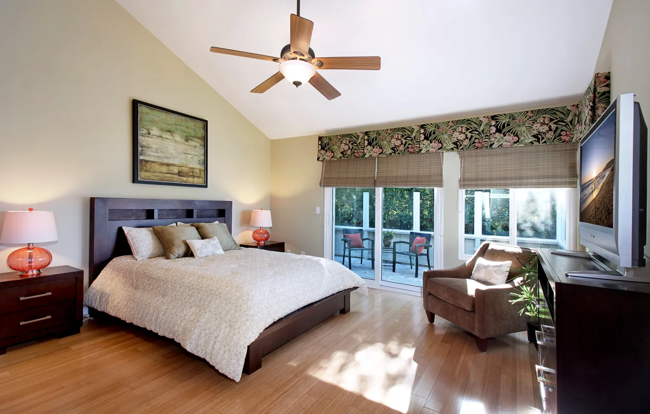 Photo wallpaper design, Villa, bed, chair, lamp, Design, bedroom, Interior
