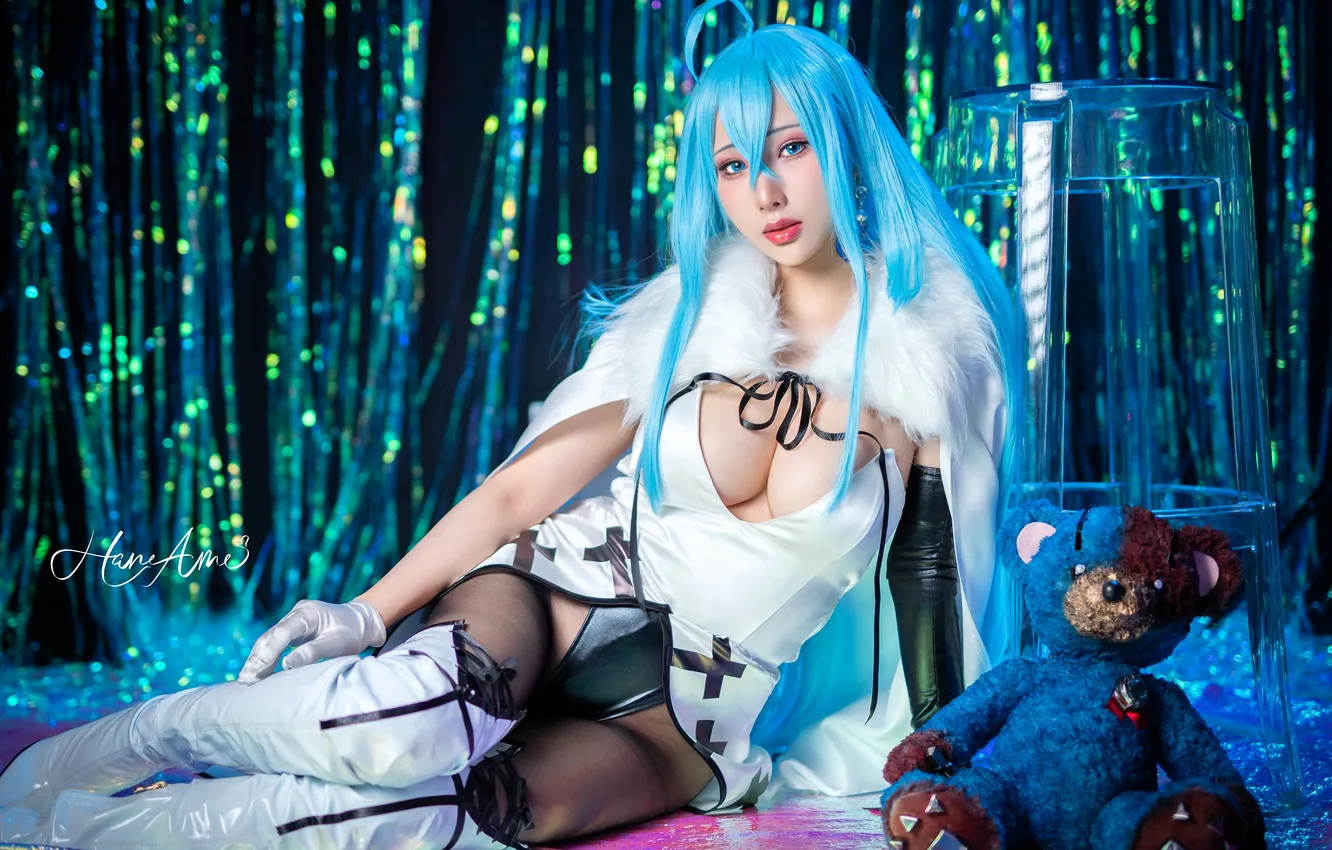 Photo wallpaper the rain, girl, bear, costume, blue hair, cosplay