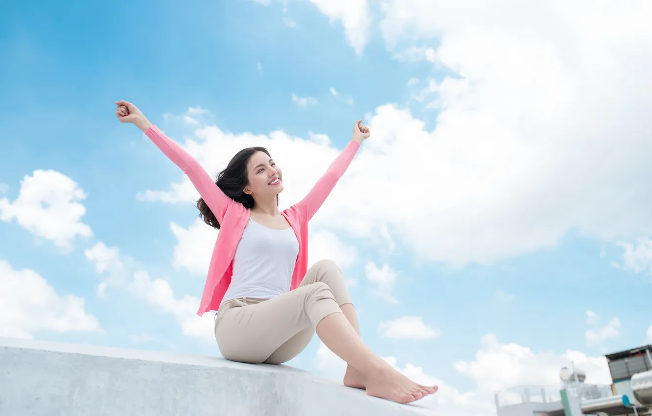 Photo wallpaper nature, blue, smile, beautiful, female, positive, Lady, portrait