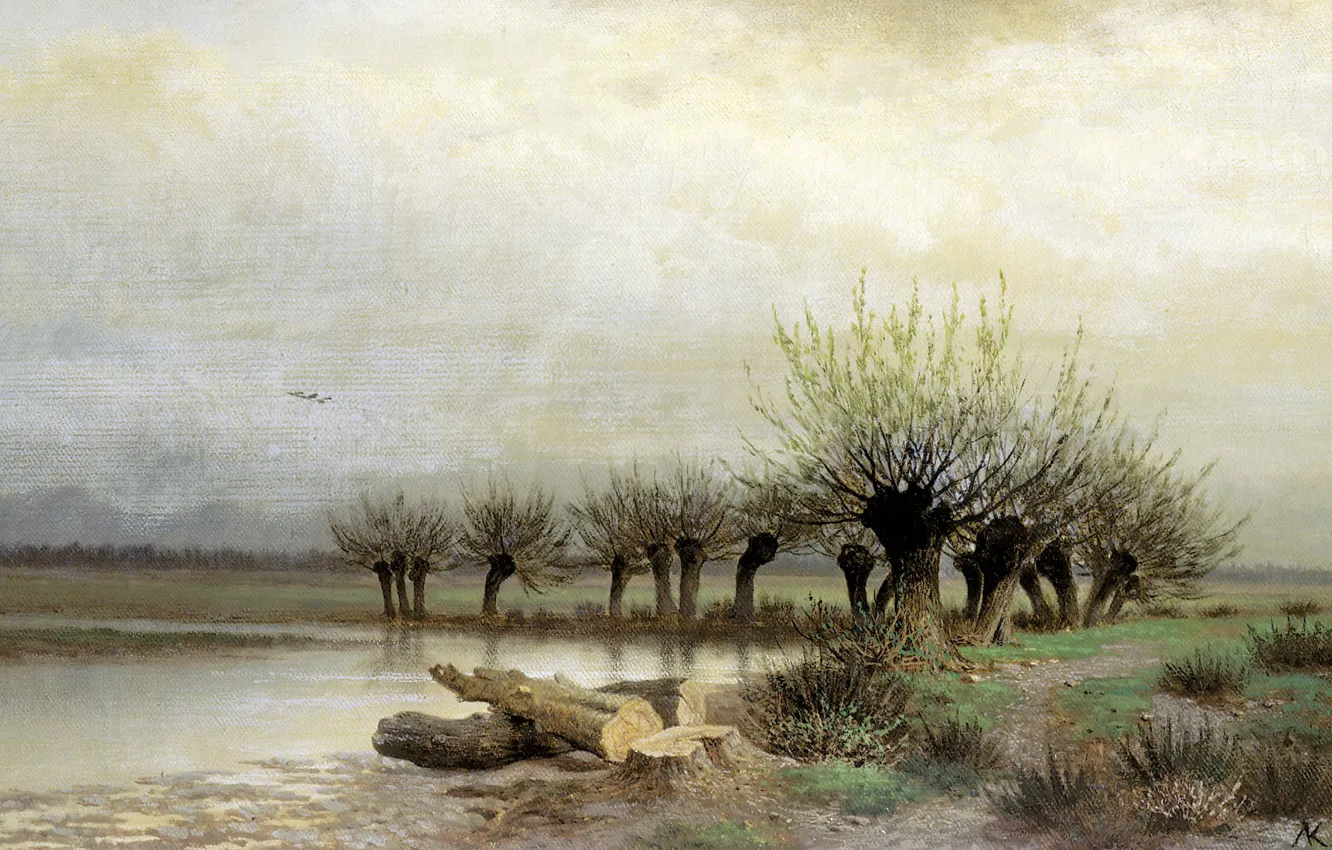 Photo wallpaper the sky, trees, lake, oil, Spring, logs, Canvas, 1866
