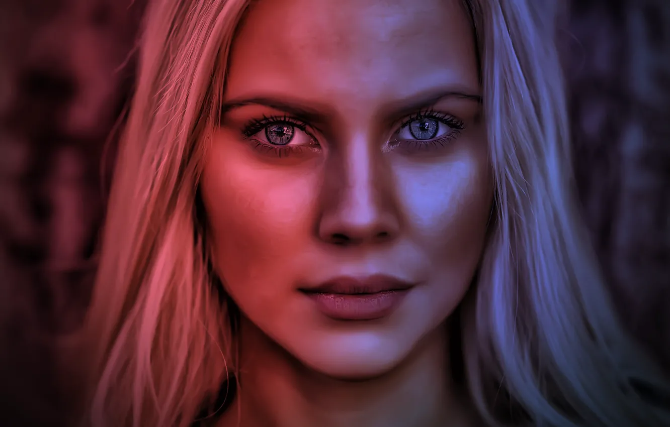 Photo wallpaper light, red, girl, blue, model, beauty, face, blonde