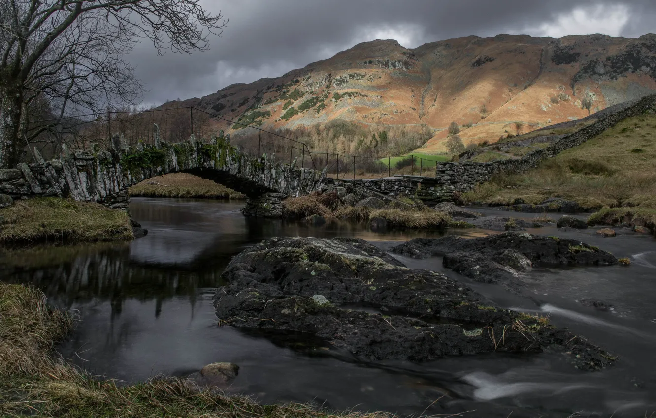 Photo wallpaper the sky, mountains, bridge, river