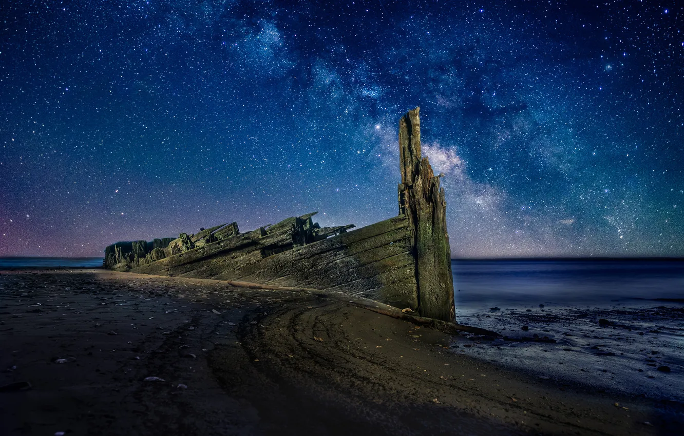 Photo wallpaper night, boat, the skeleton, the milky way