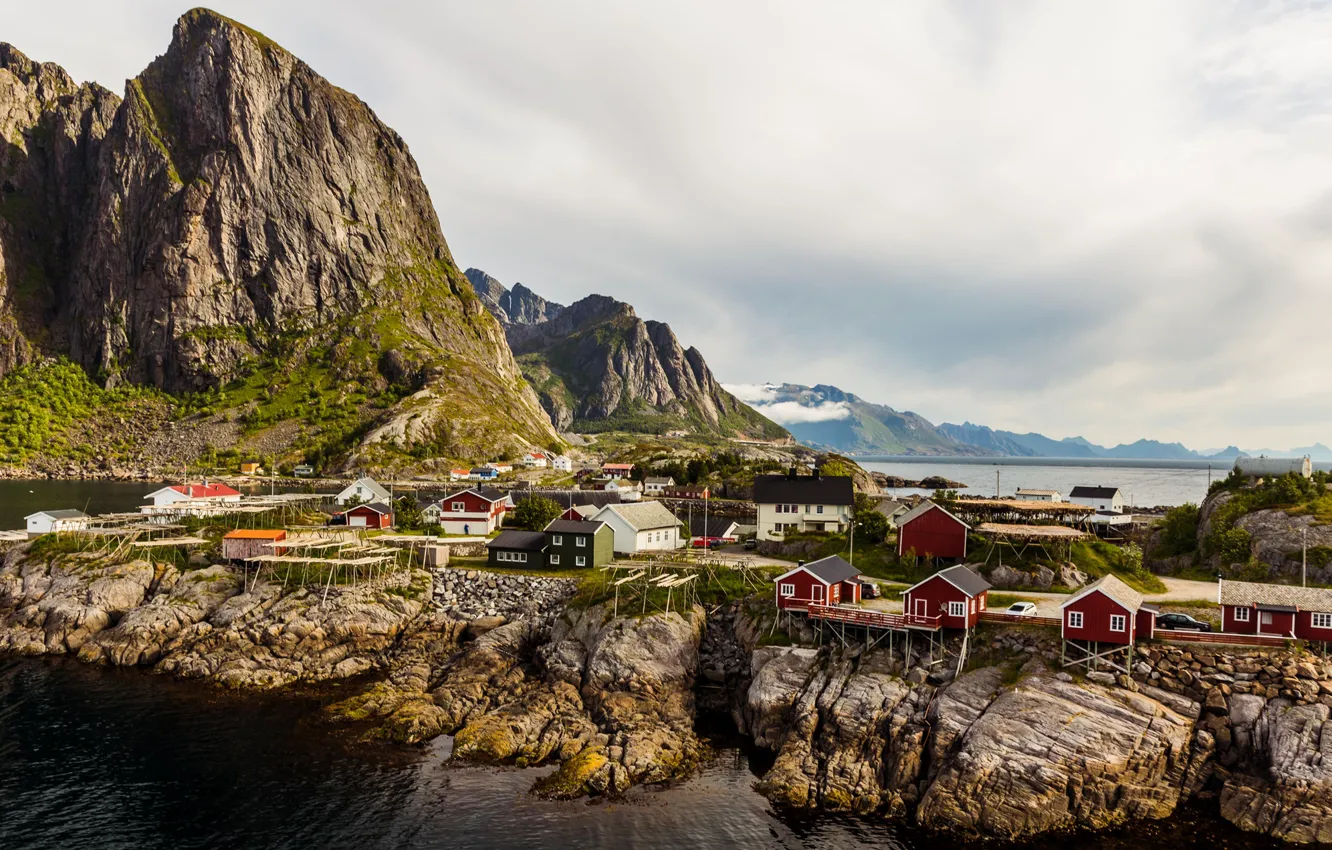 Photo wallpaper sea, the sky, clouds, rocks, mountain, home, Norway, the village