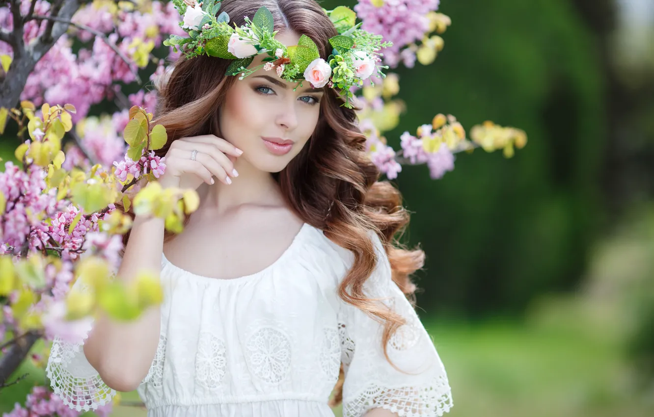 Photo wallpaper greens, trees, flowers, background, makeup, garden, dress, hairstyle