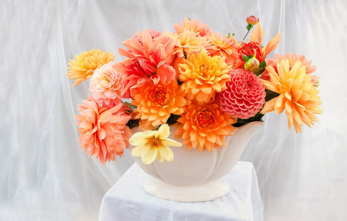 Photo wallpaper flowers, bright, bouquet, fabric, white, vase, still life, orange