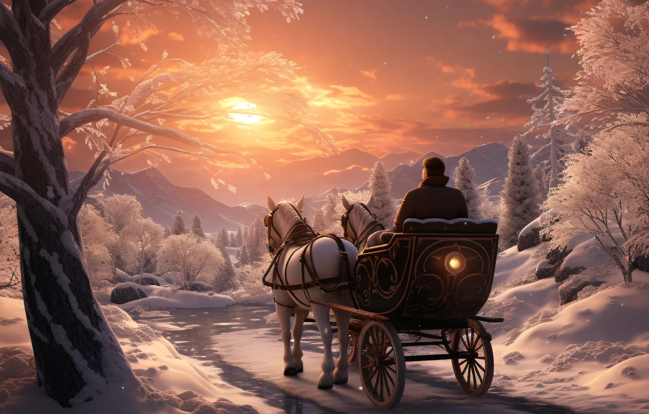 Photo wallpaper winter, snow, trees, dawn, horse, wagon, male, digital art