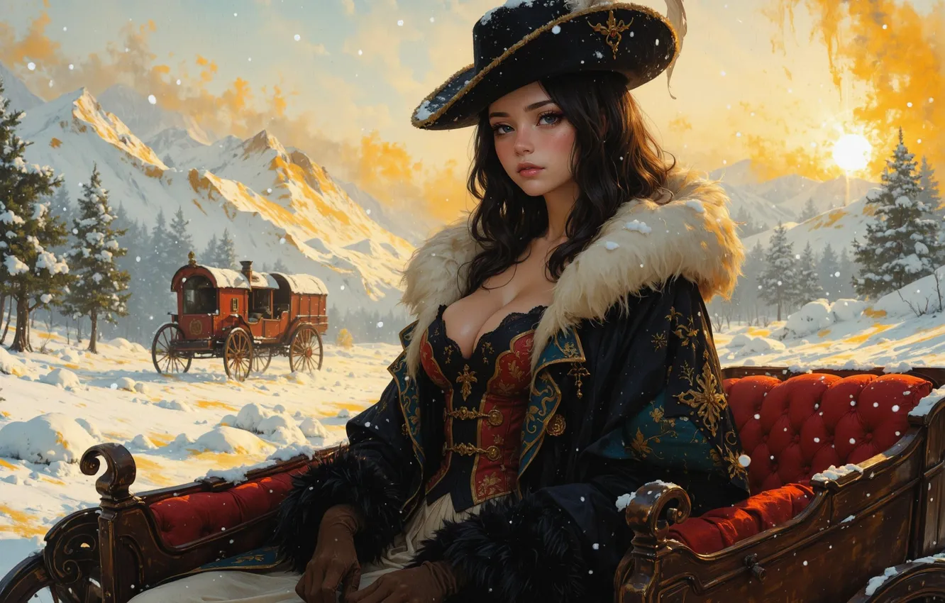 Photo wallpaper winter, look, the sun, snow, trees, mountains, feathers, neckline