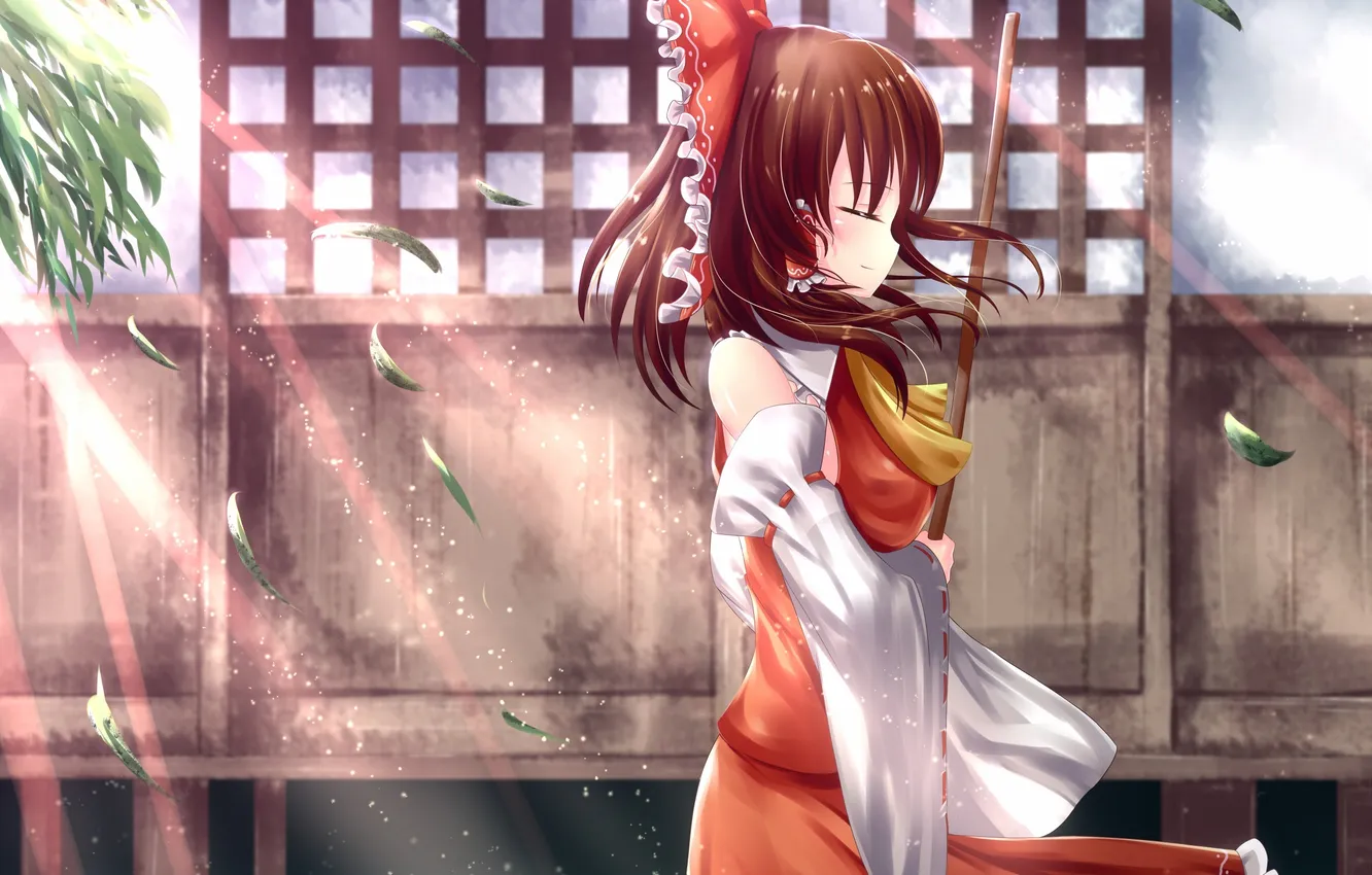 Photo wallpaper leaves, girl, smile, ideal, the wind, touhou, art, Hakurei Reimu