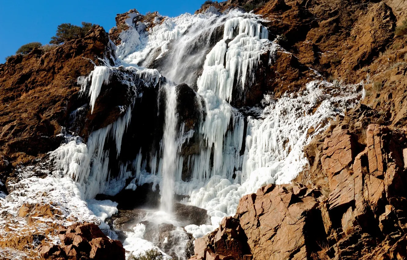 Photo wallpaper ice, winter, mountains, waterfall