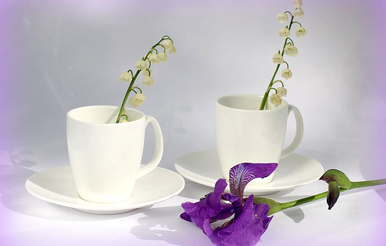 Photo wallpaper white, flowers, Cup, bells, lilies of the valley, porcelain, iris