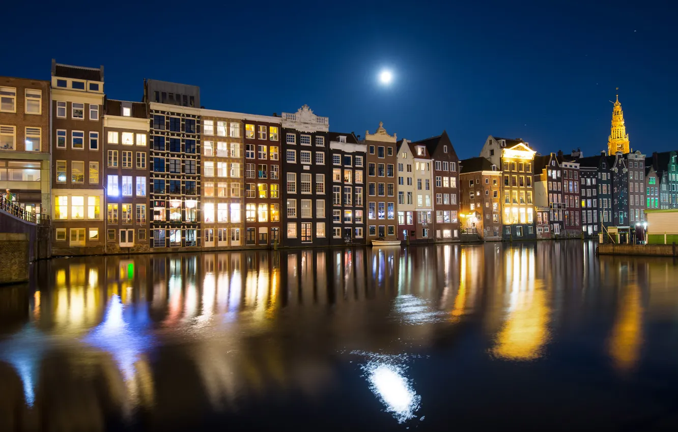 Photo wallpaper lights, reflection, the moon, home, mirror, Amsterdam, channel, moonlight