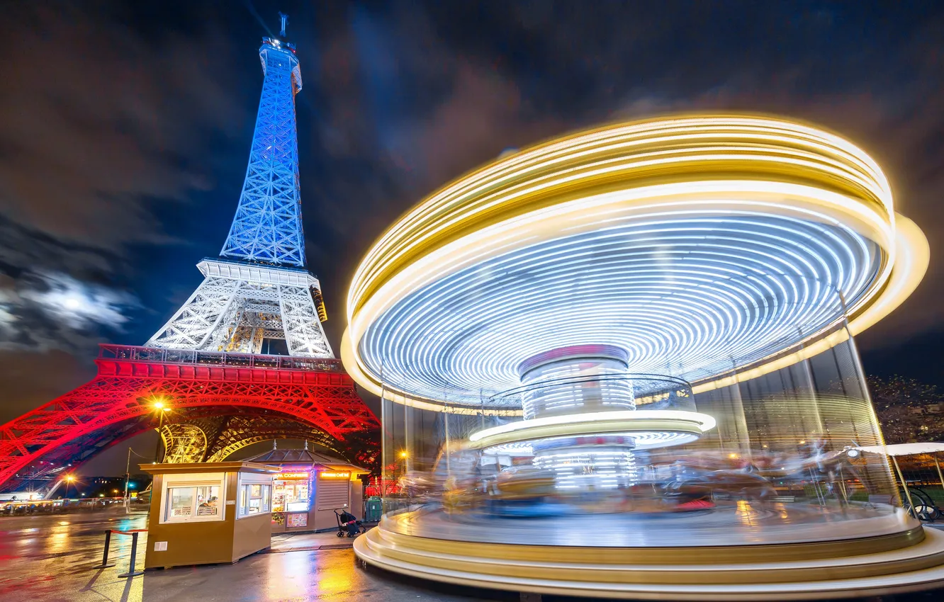 Photo wallpaper lights, paint, France, Paris, Eiffel tower, carousel