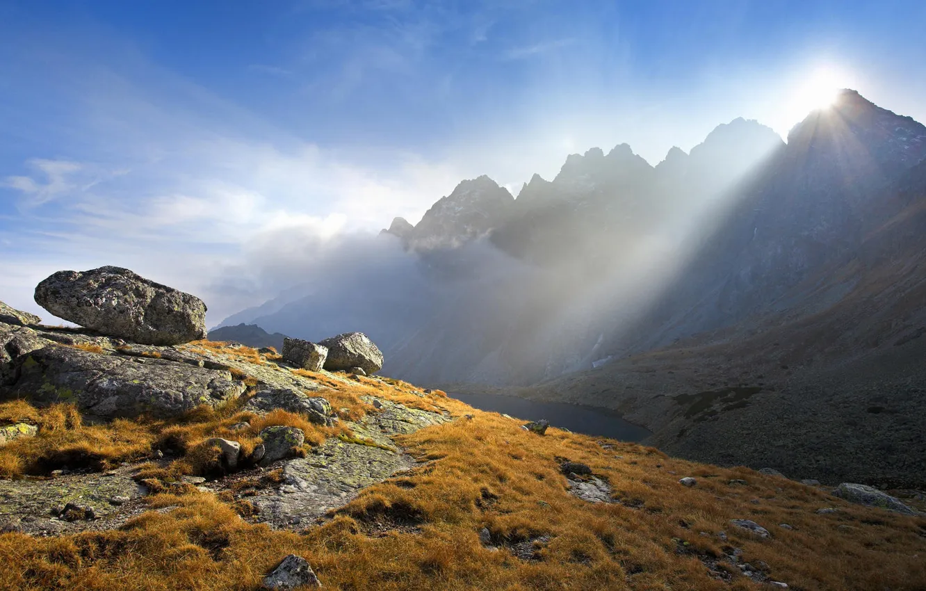 Photo wallpaper the sky, the sun, rays, landscape, mountains, nature, stones, photo